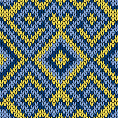 Knitting seamless pattern in blue and yellow