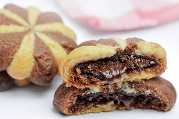 Closeup of chocolate cream filled biscuits