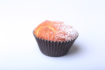 Homemade Blueberry muffins with powdered sugar and fresh berries.
