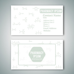 Business card template with hand drawn doodles of cartoon organic chemical molecule. Vector illustration. Sketch chemistry formula elements. Pharmacy concept for name card. White background
