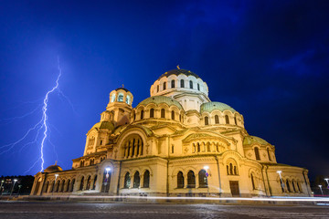 Beautiful thunderstorm over Alexander Nevsky cathedral - national monument, tourist attraction,...