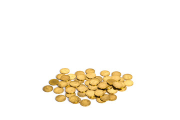 Gold coins on white background, business banking idea.