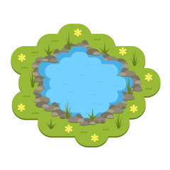 Cartoon vector garden pond illustration with water, plants and animals.
