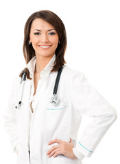 Happy smiling female doctor, over white