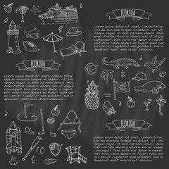 Hand drawn doodle Florida icons set. Vector illustration, isolated symbols collection of USA state, Cartoon elements Alligator Manatee Yacht Cruise sheep Fishing boat Golf American football Palm trees