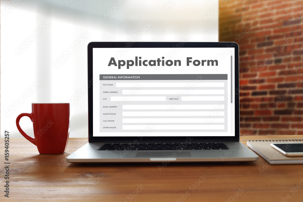 Aufkleber business man working on laptop computer use online web job application form moniter