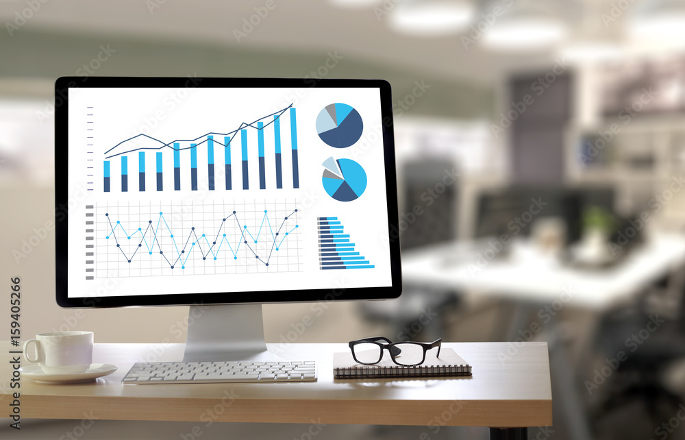 Poster statistics analysis business data diagram growth increase marketing concept , digital tablet and gra