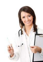 Doctor with syringe and clipboard, over white