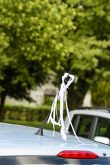 Fototapeta na wymiar Hochzeitsschleife an der Antenne eines Autos