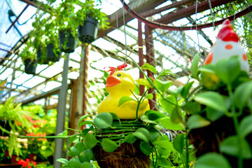 Yellow duck decoration in the garden
