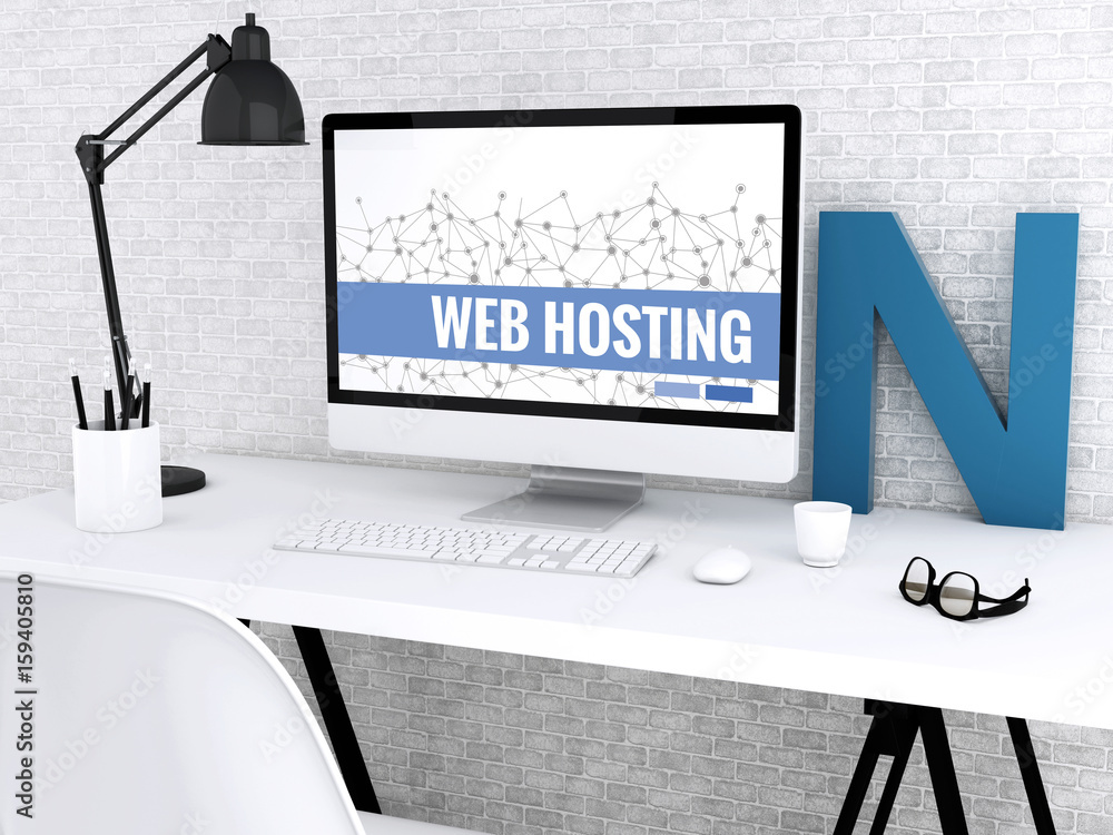 Poster 3d computer with words web hosting.