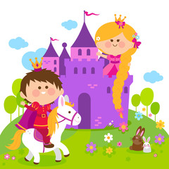 Obraz na płótnie Canvas Rapunzel princess at the castle and prince riding a horse. Vector illustration
