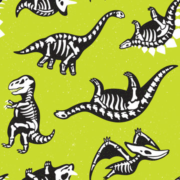 Funny cartoon background with fossil dinosaurs. Skeletons of the dinosaurs