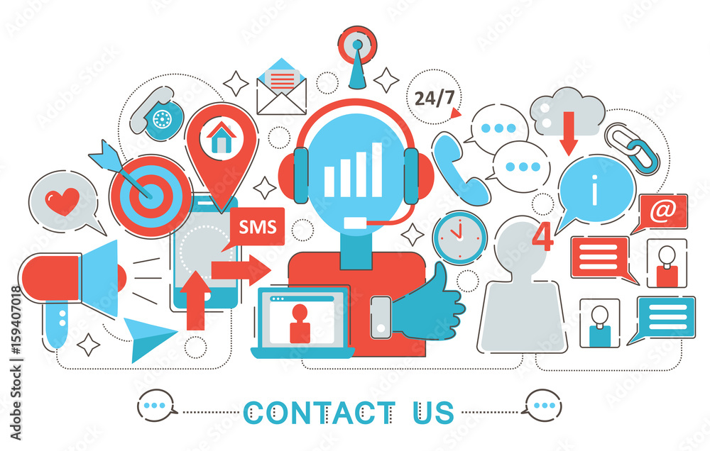 Poster modern flat thin line design contact us support concept for web banner website, presentation, flyer 