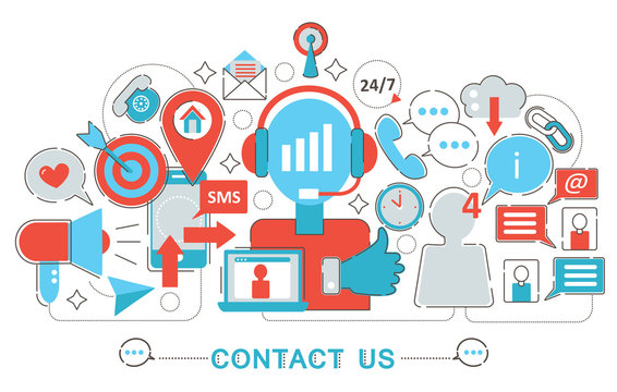 Modern Flat thin Line design Contact us support concept for web banner website, presentation, flyer and poster.