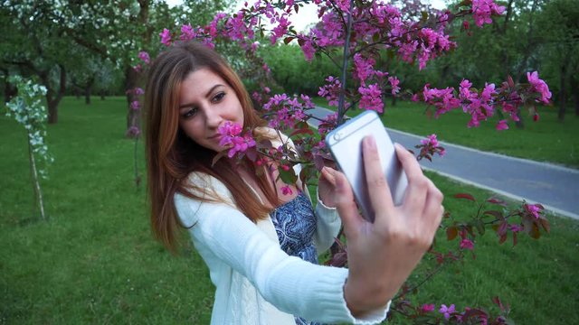 Young beautiful girl makes selfie on phone in a blooming Apple orchard.