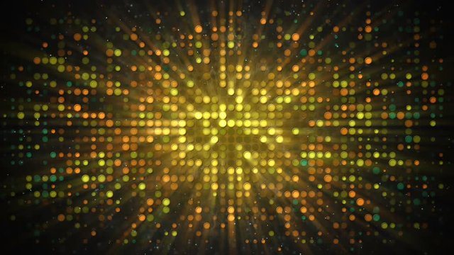 Colorful circle light bulbs and flowing smoke. Disco party and nightclub concept. Computer generated seamless loop absrtact background 4k (4096x2304)
