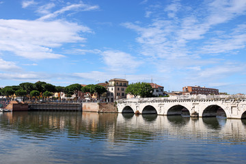 Fototapeta premium Tiberius bridge and buildings Rimini Italy