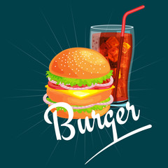 Set of tasty burgers grilled beef and fresh vegetables dressed with sauce bun for snack, american hamburger fast food meal French fries with cold soda brown ice drink vecor illustration background