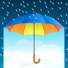 Colored realistic umbrella. Open umbrella on rain and blue sky background. Vector illustration.