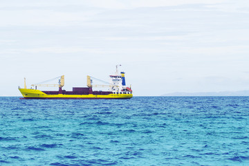 Seawater landscape with cargo ship on horizon. Sea landscape with industrial ship.