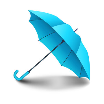 Blue realistic umbrella. Classic elegant open umbrella with shadow isolated on white background. Vector illustration.