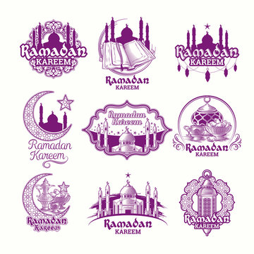 Set vector purple illustrations, sign for Ramadan Kareem with lantern, towers of mosque, crescent with arabic pattern isolated on white