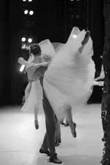 The ballet dancers at the time of the performance on the stage of the theater