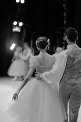 The ballet dancers at the time of the performance on the stage of the theater