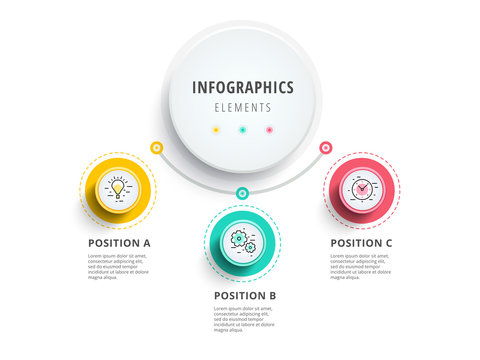 Business 3 step process chart infographics with step circles. Circular corporate graphic elements. Company presentation slide template. Modern vector info graphic layout design.