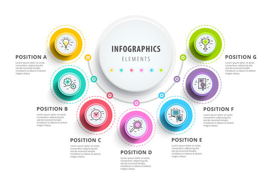 Business 7 step process chart infographics with step circles. Circular corporate graphic elements. Company presentation slide template. Modern vector info graphic layout design.