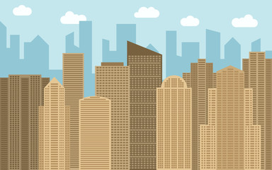 Vector urban landscape illustration. Street view with cityscape, skyscrapers and modern buildings at sunny day. City space in flat style background concept.
