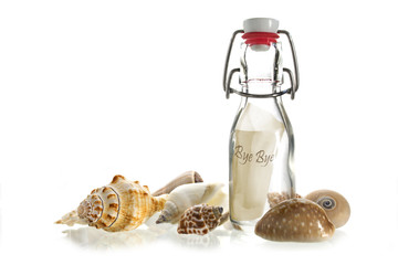 bye bye message in a bottle made of glass between some sea shells isolated on white