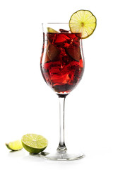 Red drink, transparent mixed cocktail from cherries, berries, ice and lime, with or without alcohol, isolated on white