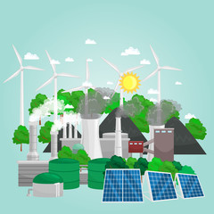 concept of alternative energy green power, environment save, renewable turbine energy, wind and solar ecology electricity, ecological industry vector illustration
