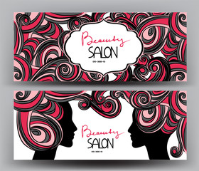 Beauty salon banner with woman's head silhouette and curls. Vector illustration