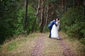 Beautiful young wedding couple admiring each other in a pine tree forest.
