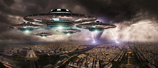 UFO invasionover planet earth city 3D rendering - obrazy, fototapety, plakaty