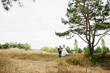 Obraz na płótnie Canvas Newly married enjoy each other's company in a beautiful countryside with pine trees and dry grass on a wedding day.