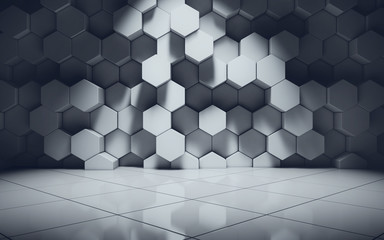 Abstract geometric pattern wall in room. 3d rendering
