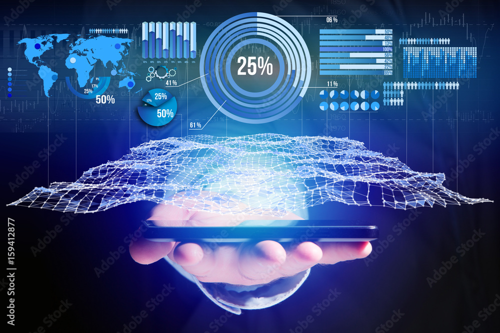 Poster business stats displayed as graph and chart on a futuristic interface - business concept