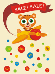 Poster seasonal sale. Funny tiger in cartoon style flies and scatters discounts. Banner for sale of children products with little tiger.