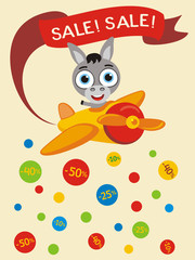 Poster seasonal sale. Funny donkey in cartoon style flies and scatters discounts. Banner for sale of children products with little donkey.