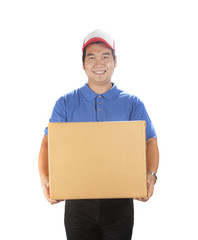 portrait of asian delivery man holding container box smiling face good service mind isolated white background