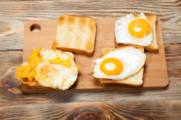 toast and egg on wooden table