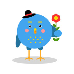 Funny cartoon bird character standing with flower, blue bird in geometric shape vector Illustration