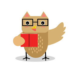 Cute cartoon owl bird character in geometric shape wearing glasses and holding red gift box vector Illustration
