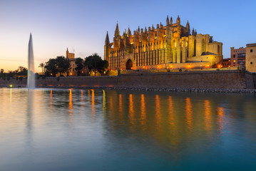 Fototapeta na wymiar Illuminated Cathedral of Palma de Mallorca seen from Parc de la Mar, Spain