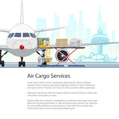 Air Cargo Services and Freight, Airplane with Autoloader at the Airport on the Background of the City , Unloading or Loading of Goods into the Plane and Text, Flyer Poster Brochure Design, Vector