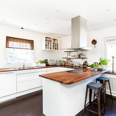 kitchen interior with wooden ktichen counter top and dark wooden floor